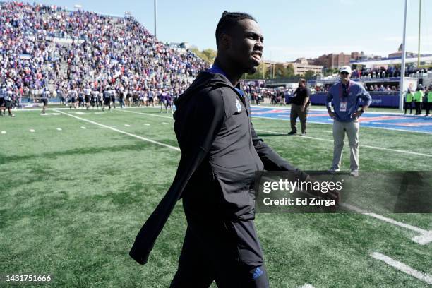 Quarterback Jalon Daniels of the Kansas Jayhawks walks off the field after a 38-31 loss to TCU Horned Frogs in the second half at David Booth Kansas...