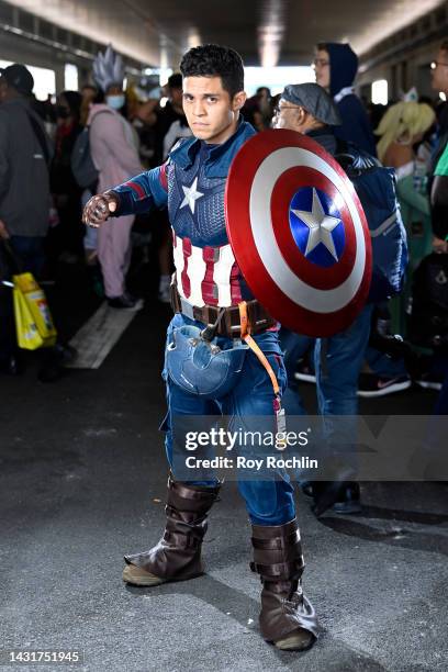 Captain America cosplayer poses during New York Comic Con 2022 on October 08, 2022 in New York City.