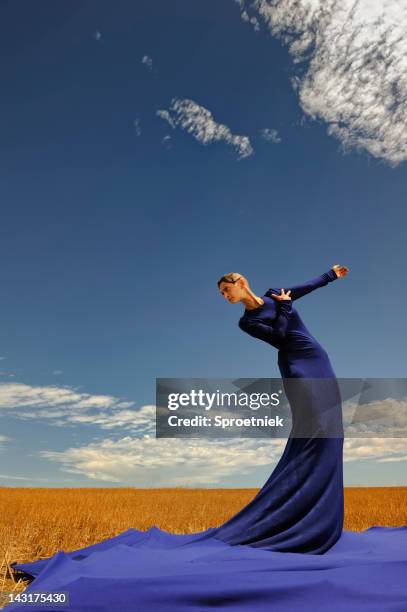 lady in blue dress against sky portrait - haute couture bildbanksfoton och bilder