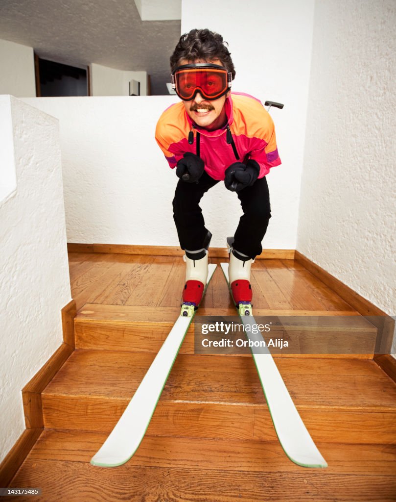 Man Skiing at Home