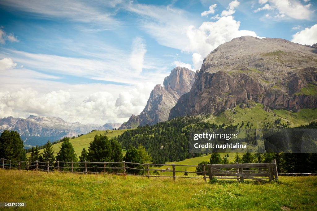 Paysage alpin avec porte en bois