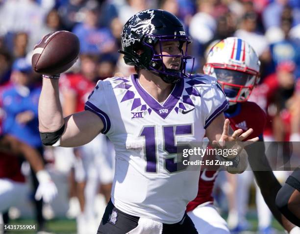 Quarterback Max Duggan of the TCU Horned Frogs passes in the second half against against the Kansas Jayhawks at David Booth Kansas Memorial Stadium...