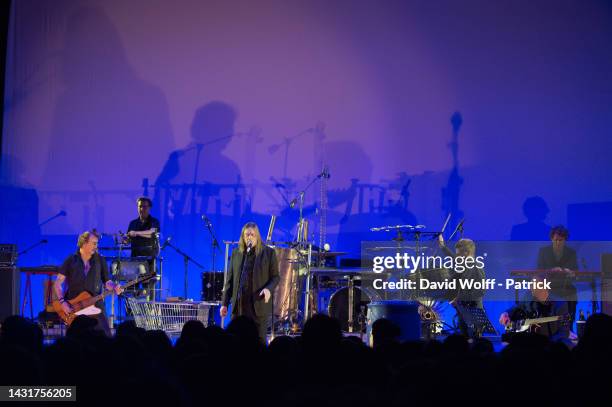 Blixa Bargeld, Alexander Hacke, and Jochen Arbeit from Einstürzende Neubauten performs at Le Trianon on October 08, 2022 in Paris, France.