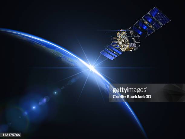 satélite e nascer do sol no espaço - orbiting imagens e fotografias de stock