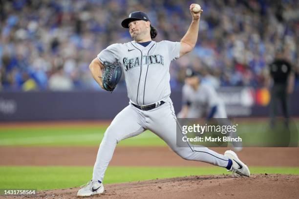 Robbie Ray of the Seattle Mariners throws a pitch against the Toronto Blue Jays during the first inning in game two of the American League Wild Card...