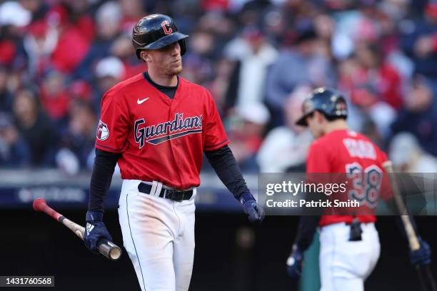 Myles Straw of the Cleveland Guardians reacts after striking out in the thirteenth inning against the Tampa Bay Rays in game two of the Wild Card...