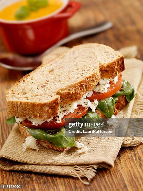 tomato and basil sandwich with soup - soup and sandwich stock pictures, royalty-free photos & images