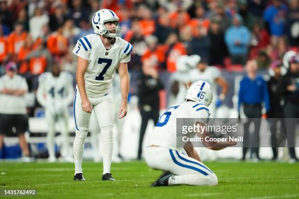 Chase McLaughlin of the Indianapolis Colts prepares to kcik against the Denver Broncos at Empower Field at Mile High on October 6, 2022 in Denver,...