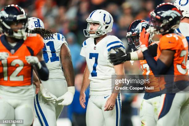 Chase McLaughlin of the Indianapolis Colts celebrates against the Denver Broncos at Empower Field at Mile High on October 6, 2022 in Denver, Texas.