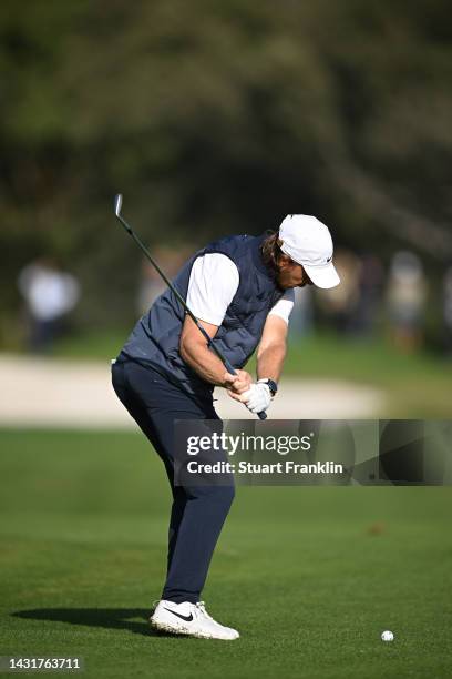 Tommy Fleetwood of England plays his approach shot on the second hole during Day Three of the acciona Open de Espana presented by Madrid at Club de...