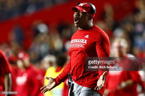 Head coach Mickey Joseph of the Nebraska Cornhuskers in action against the Rutgers Scarlet Knights during a game at SHI Stadium on October 7, 2022 in...