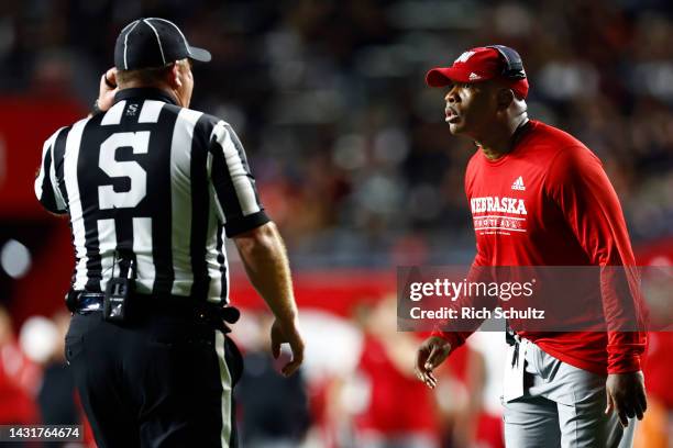 Head coach Mickey Joseph of the Nebraska Cornhuskers in action against the Rutgers Scarlet Knights during a game at SHI Stadium on October 7, 2022 in...