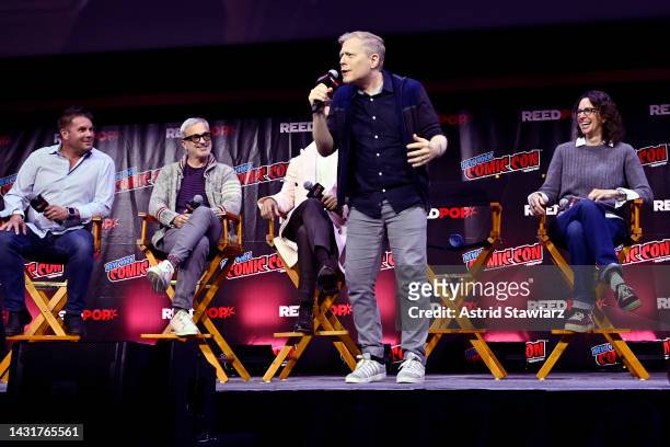 Rod Roddenberry, Alex Kurtzman, Wilson Cruz, Anthony Rapp, and Michelle Paradise speak onstage at the STAR TREK UNIVERSE panel during New York Comic...