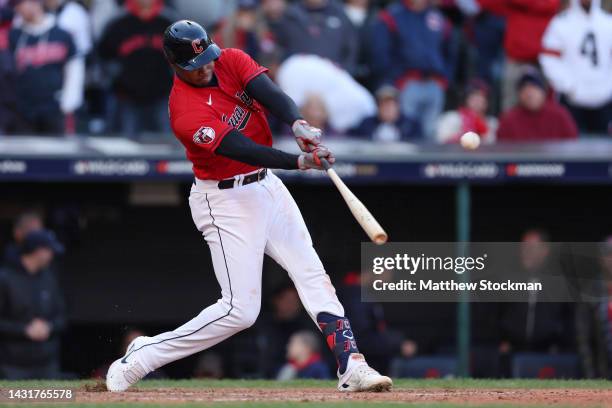 Oscar Gonzalez of the Cleveland Guardians hits a walk-off home run to end the game in the fifteenth inning against the Tampa Bay Rays in game two of...