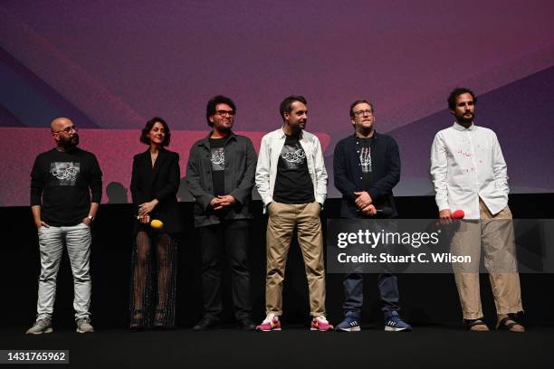 Nima Akbarpour, Zar Amir Ebrahimi, Arash Ashtiani, Jacob Jarek, Sol Bondy and Ali Abbasi onstage during the "Holy Spider" UK premiere during the 66th...