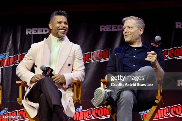 Wilson Cruz and Anthony Rapp speak onstage at the STAR TREK UNIVERSE panel during New York Comic Con 2022 on October 08, 2022 in New York City.