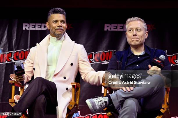 Wilson Cruz and Anthony Rapp speak onstage at the STAR TREK UNIVERSE panel during New York Comic Con 2022 on October 08, 2022 in New York City.