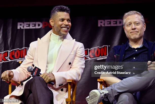Wilson Cruz and Anthony Rapp speak onstage at the STAR TREK UNIVERSE panel during New York Comic Con 2022 on October 08, 2022 in New York City.