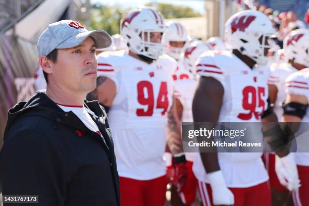 Interim head coach Jim Leonhard of the Wisconsin Badgers looks on prior to the game against the Northwestern Wildcats during the first half at Ryan...