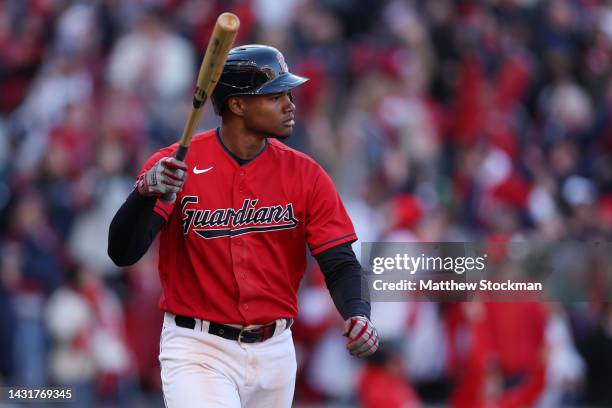 Oscar Gonzalez of the Cleveland Guardians celebrates after hitting a walk-off home run to end the game in the fifteenth inning against the Tampa Bay...