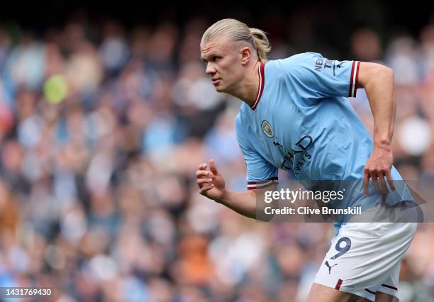 Erling Haaland of Manchester City in actio during the Premier League match between Manchester City and Southampton FC at Etihad Stadium on October...