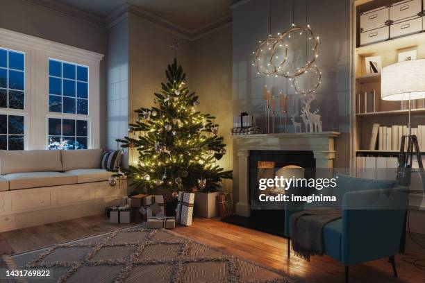 cozy living room with fireplace at christmas night - christmas tree decorations imagens e fotografias de stock