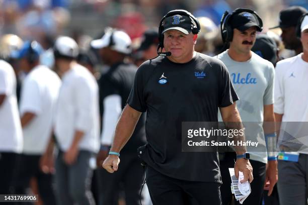 Head coach Chip Kelly of the UCLA Bruins looks on during the first half of a game against the Utah Utes at Rose Bowl on October 08, 2022 in Pasadena,...