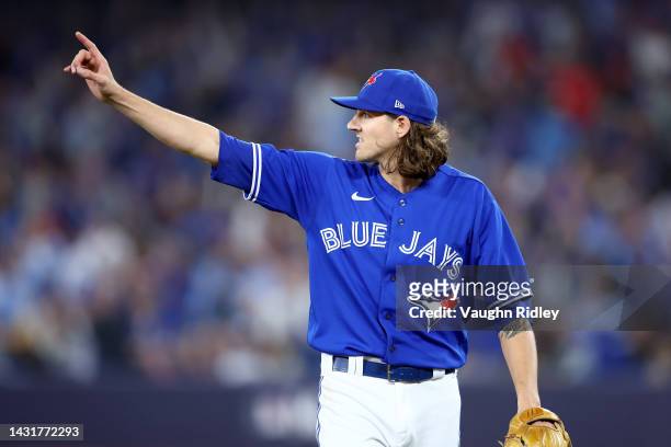Kevin Gausman of the Toronto Blue Jays celebrates an out against the Seattle Mariners during the fourth inning in game two of the American League...