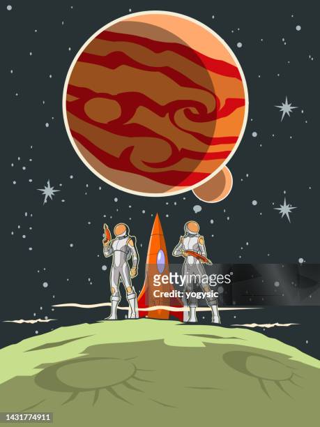 vector retro sci-fi astronauts on an asteroid in outer space poster stock illustration - us marine corps stock illustrations