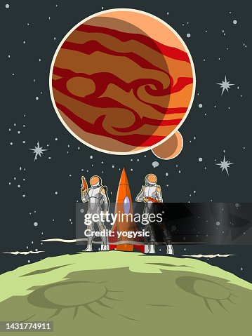 Vector Retro Sci-fi Astronauts on an Asteroid in Outer Space Poster Stock Illustration Vector Retro Sci-fi Astronauts on an Asteroid in Outer Space Poster Stock Illustration