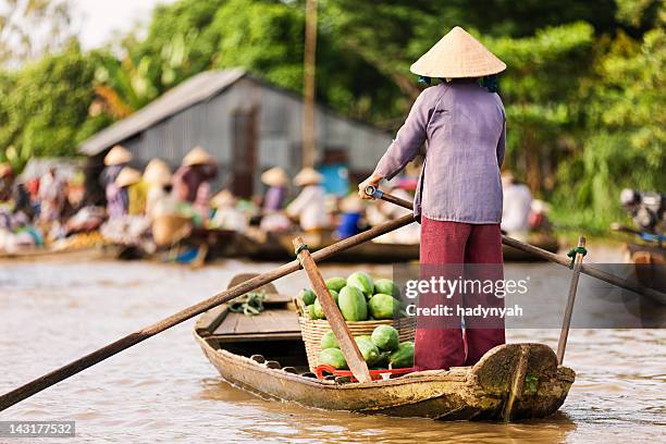 barco de remos vietnamita mujer en el río mekong delta, vietnam - mekong fotografías e imágenes de stock