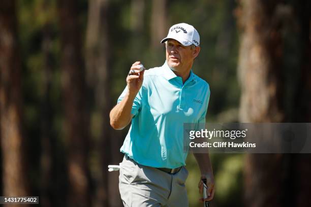 Lee Janzen of the United States reacts on the second green during the second round of the Constellation FURYK & FRIENDS at Timuquana Country Club on...
