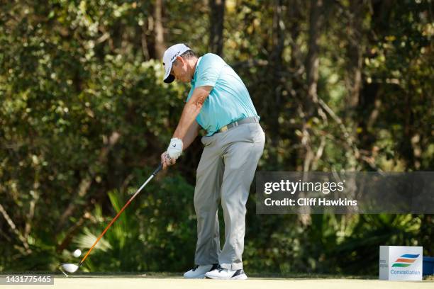 Lee Janzen of the United States plays his shot from the third tee during the second round of the Constellation FURYK & FRIENDS at Timuquana Country...