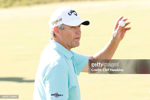 Lee Janzen of the United States reacts on the 18th green during the second round of the Constellation FURYK & FRIENDS at Timuquana Country Club on...