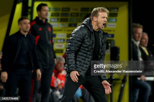 Julian Nagelsmann, head coach of Bayern München reacts during the Bundesliga match between Borussia Dortmund and FC Bayern München at Signal Iduna...