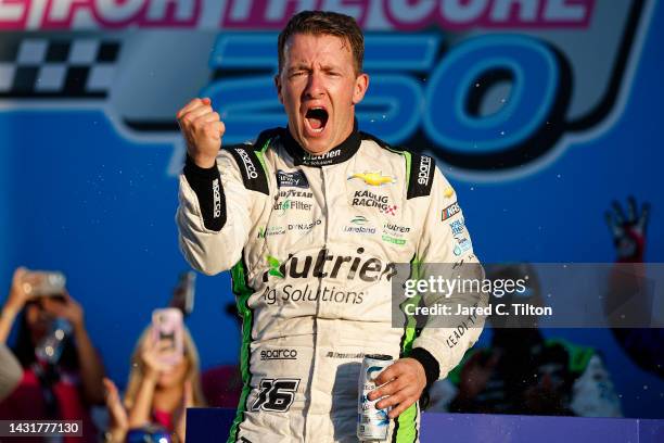 Allmendinger, driver of the Nutrien Ag Solutions Chevrolet, celebrates in victory lane after winning the NASCAR Xfinity Series Drive for the Cure 250...