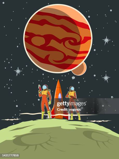 vector retro astronaut with guns on an asteroid in outer space, with their spaceship in the background. wide space available for your copy. - retro futurism space stock illustrations