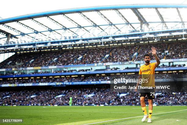 Diego Costa of Wolverhampton Wanderers shows appreciation to the fans after being substituted off> during the Premier League match between Chelsea FC...