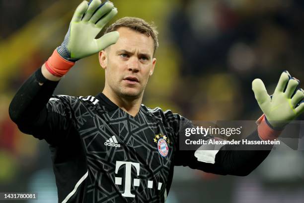 Manuel Neuer of Bayern München reacts during the Bundesliga match between Borussia Dortmund and FC Bayern München at Signal Iduna Park on October 08,...