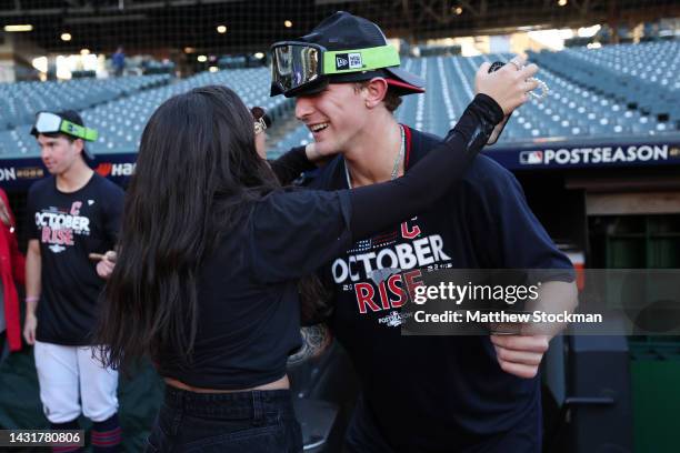 Myles Straw of the Cleveland Guardians celebrates on the field following his team's victory against the Tampa Bay Rays in game two of the Wild Card...