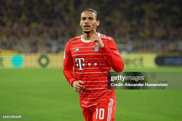 Leroy Sane of Bayern München reacts during the Bundesliga match between Borussia Dortmund and FC Bayern München at Signal Iduna Park on October 08,...