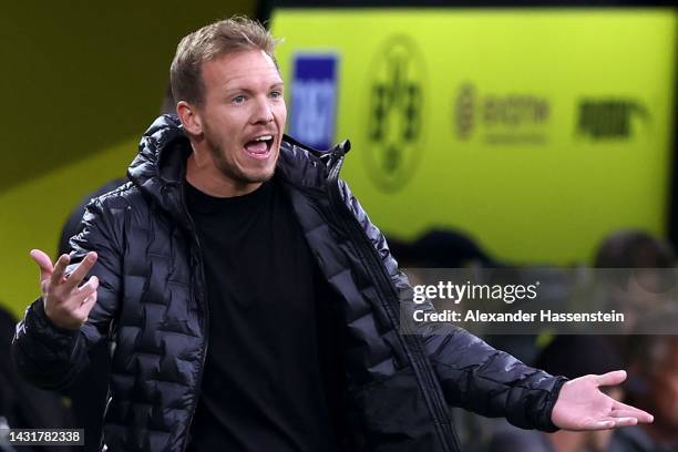 Julian Nagelsmann, head coach of Bayern München reacts during the Bundesliga match between Borussia Dortmund and FC Bayern München at Signal Iduna...