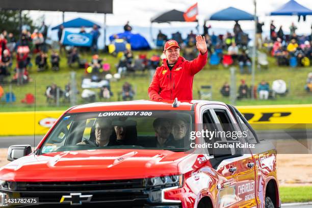 Craig Lowndes waves to fans during drivers parade for the Bathurst 1000, which is race 30 of 2022 Supercars Championship Season at Mount Panorama on...