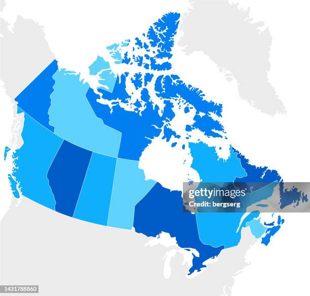 canada high detailed blue map with regions - quebec map stock illustrations