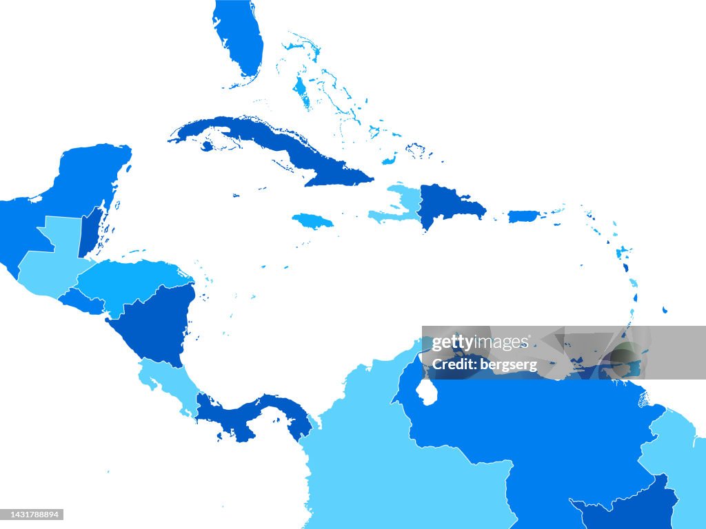 Central America and the Caribbean High detailed Blue map with Regions