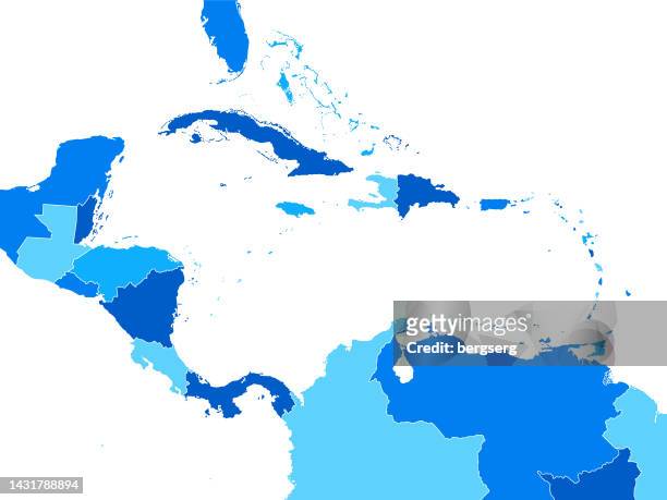 central america and the caribbean high detailed blue map with regions - caribbean 幅插畫檔、美工圖案、卡通及圖標