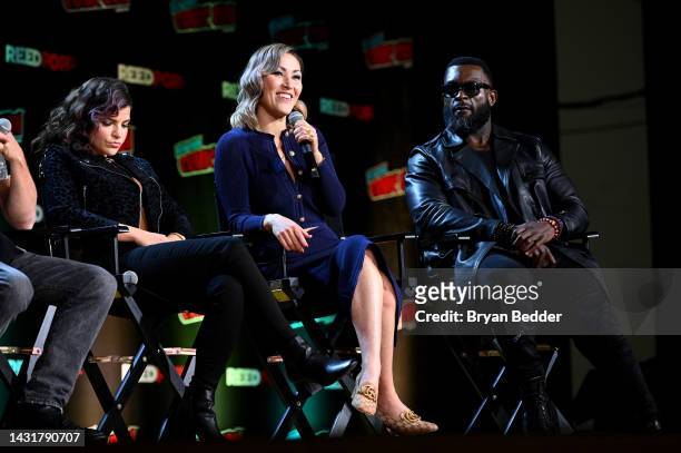 Paola Lazaro Juanita, Eleanor Matsuura and Michael James Shaw speak onstage at The Walking Dead panel during New York Comic Con 2022 on October 08,...