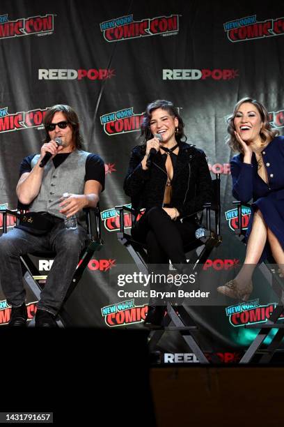 Norman Reedus, Paola Lazaro Juanita and Eleanor Matsuura speak onstage at The Walking Dead panel during New York Comic Con 2022 on October 08, 2022...