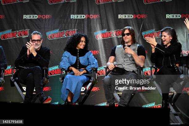 Jeffrey Dean Morgan, Lauren Ridloff, Norman Reedus and Paola Lazaro Juanita speak onstage at The Walking Dead panel during New York Comic Con 2022 on...