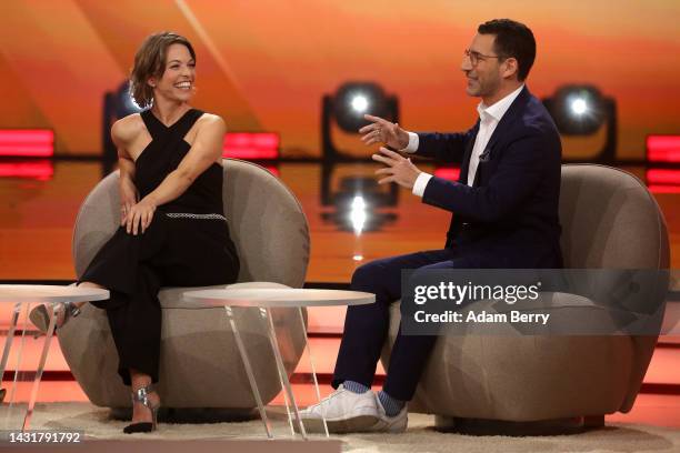 Anna Planken and Till Nassif participate in the "Verstehen Sie Spaß?" TV show at Studio Berlin on October 08, 2022 in Berlin, Germany.